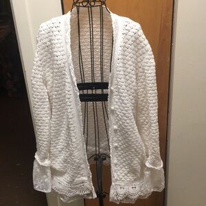 White Vintage Crocheted Cardigan with Lace sleeve and bottom trim!